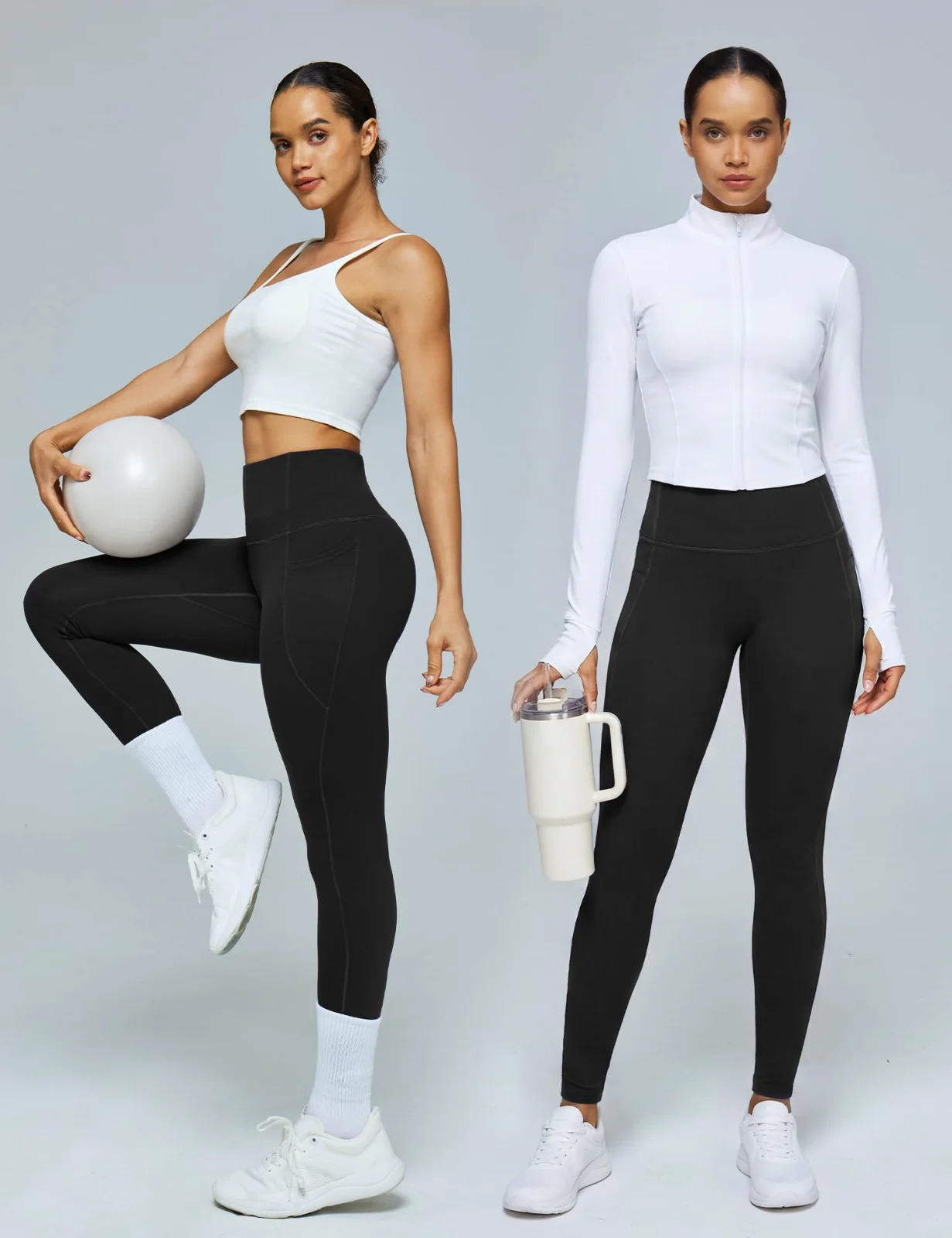 Two women in Ewedoos scrunch leggings in black, one in a white bra and one in a white jacket, in a studio